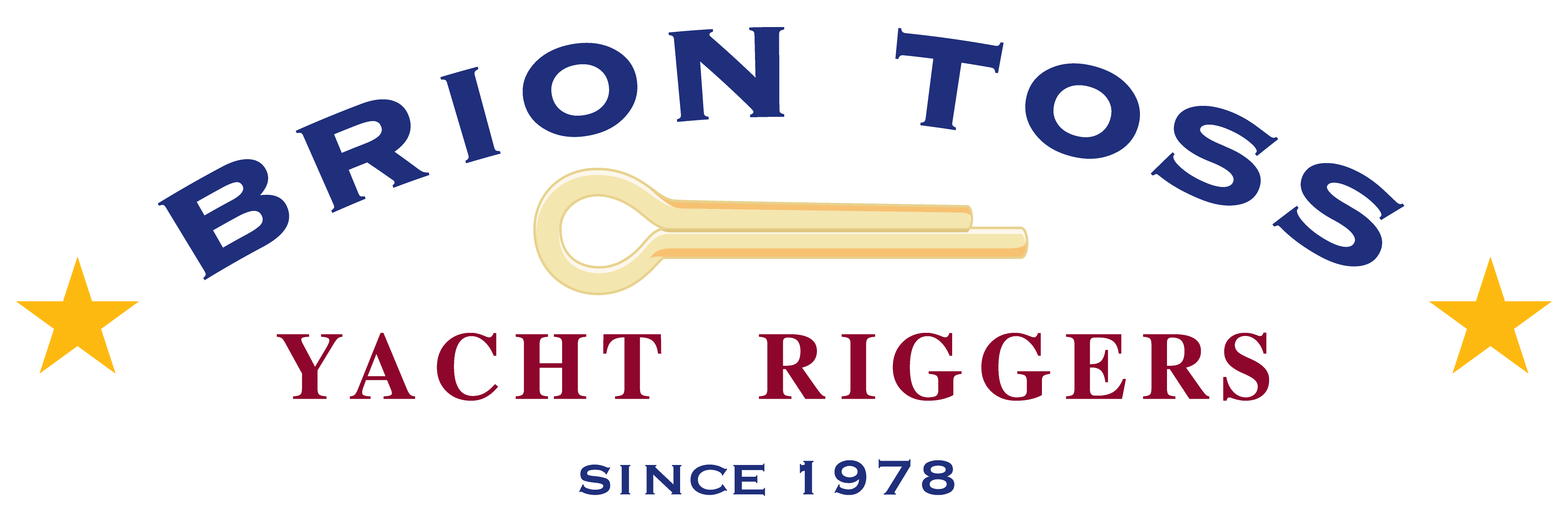 A cotter pin and stars around the words Brion Toss Yacht Riggers Since 1978
